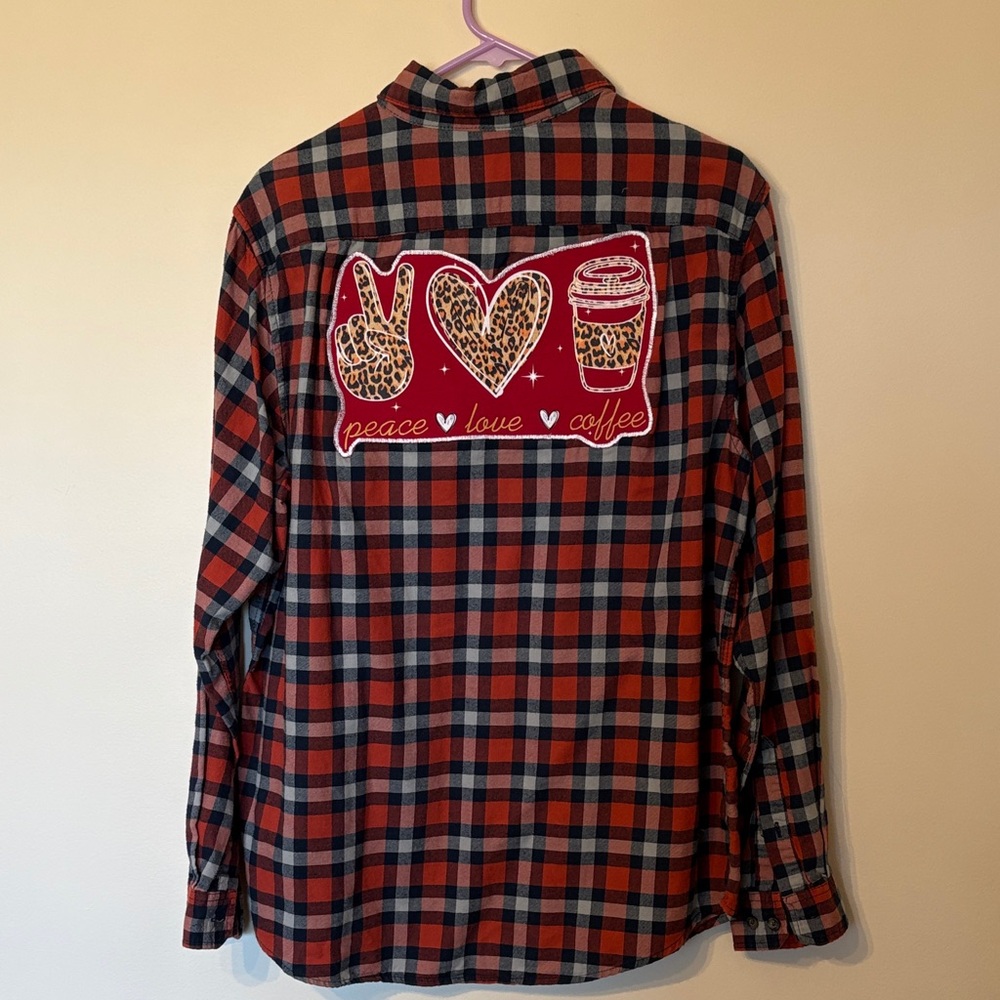 Plaid Button-Up Shirt with Peace Love Coffee Patch